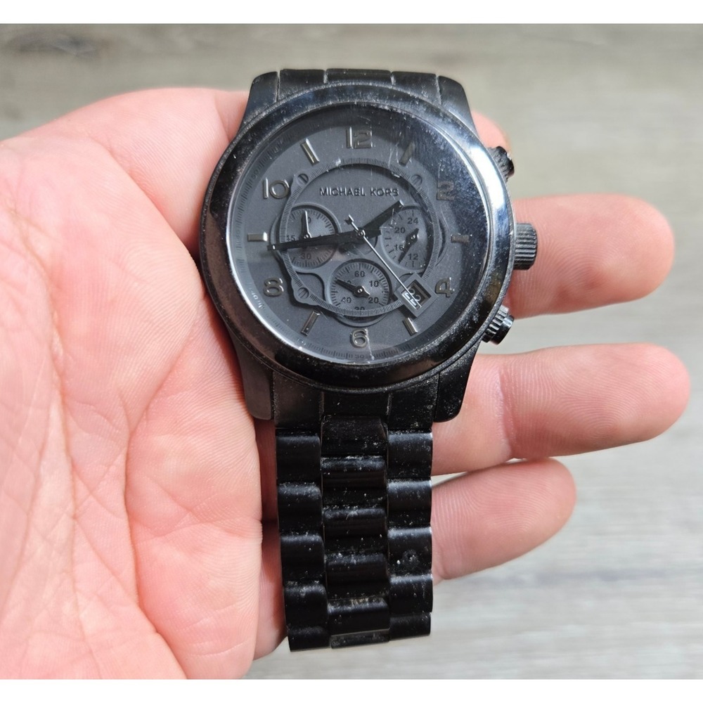 Michael Kors Runway Chronograph Watch Men 45mm Black Dial Black Tone MK8157 Runs